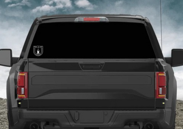 White Men in the Arena shield decal on the rear window of a dark pickup truck
