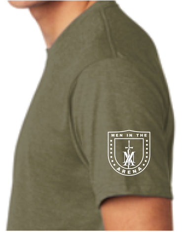 Men in the Arena shield logo printed in white on the sleeve of the military green Helmet T-shirt