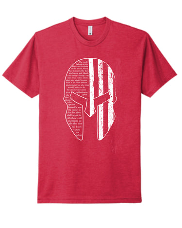 Red Helmet T-shirt with a white Spartan helmet filled with the words of Roosevelt's Man in the Arena speech